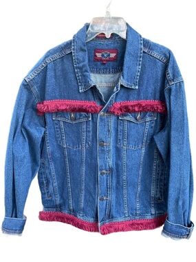 Denim Gear ~ Size X-Large ~ Vintage ~ Blue Denim ~ Jean Jacket  W/ Red Fringe
